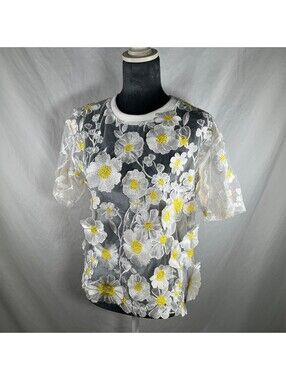 Dolan Left Coast Collection XS Sheer Embroidered Floral Mesh Top White Yellow